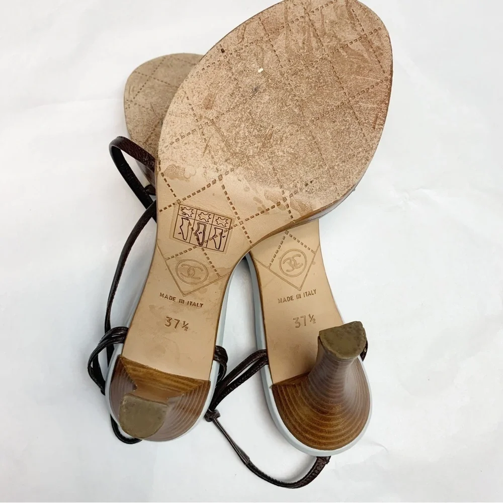 Chanel Blue / Brown Wooden Sole Strappy Heels Pumps 37 1/2 - Picture 12 of 13
